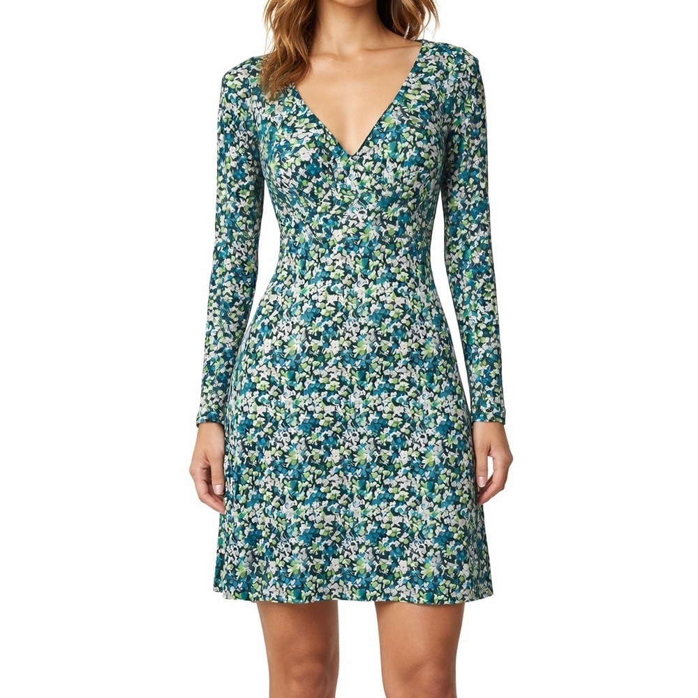 NEW BP Floral Mini Dress XXSMALL Long Sleeve V-Neck Green Blue White